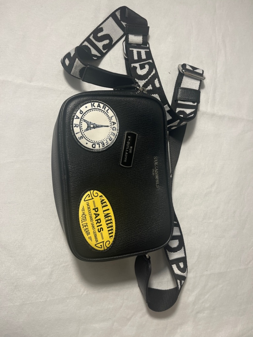 Karl Lagerfeld Black Pebbled Belt Bag with Paris Patch and Branded Strap - NWOT